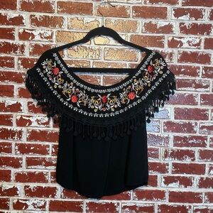 Rue21 Boho Chic Floral Embroidered Off Shoulder Top Black Pom Pom Trim. M